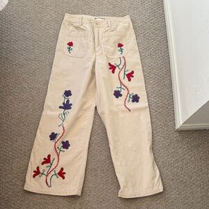 We The Free Cream Wide Leg Pants with Floral Embroidery
